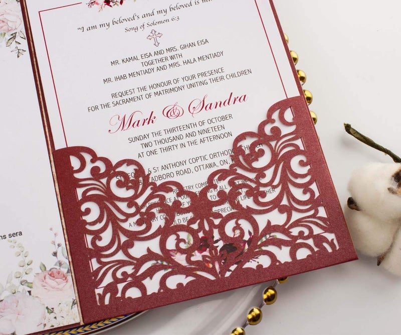 Lucky Star 25 Sets Burgundy 250G Tri Fold Wedding Invitations Cards With Envelopes Inserts Greeting Laser Cut Pocket invites for Wedding Bridal Shower Birthday - Image 3